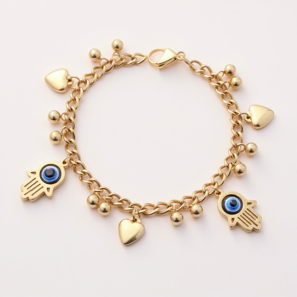 Gold bracelet with heart and hamsa hand charms on a white background