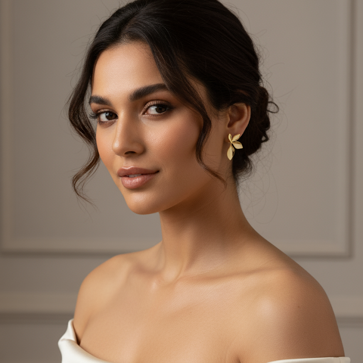 Woman wearing a white off-shoulder top against a neutral background