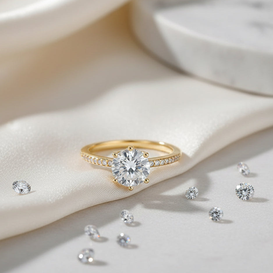 Gold ring with a large diamond and smaller diamonds on a soft fabric background