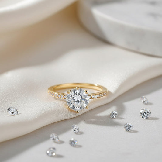 Gold ring with a large diamond and smaller diamonds on a soft fabric background