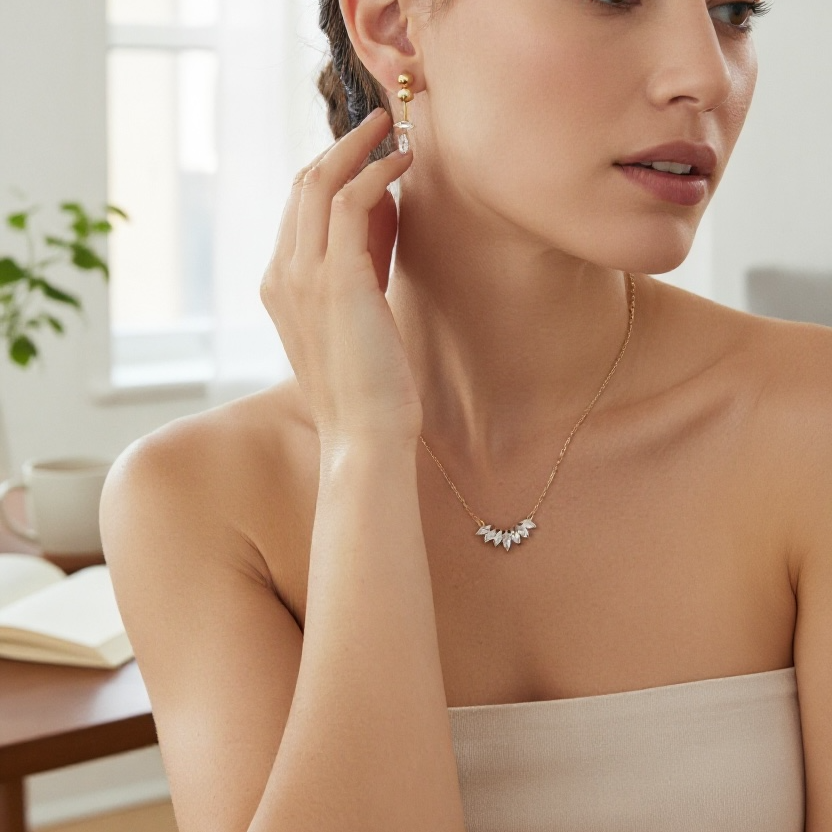 Woman wearing a gold earring and necklace indoors
