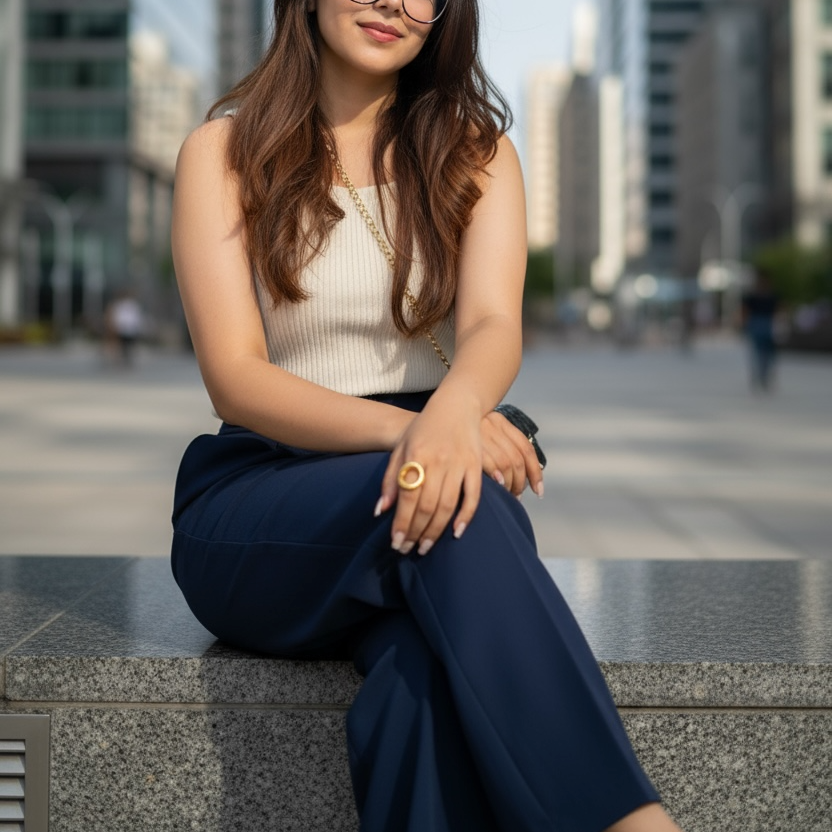 Woman sitting on a bench in an urban setting with tall buildings in the background